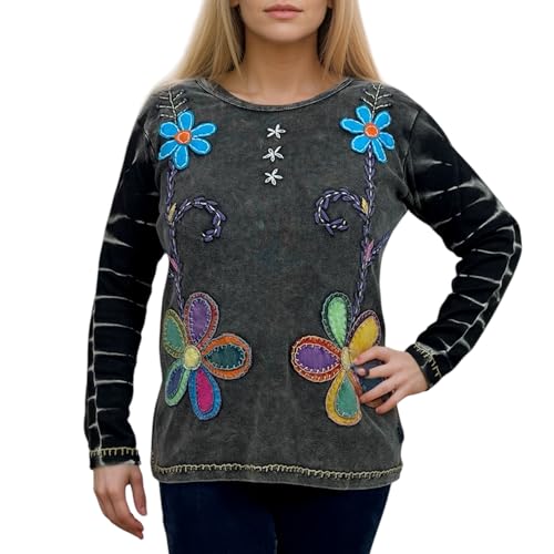 Agan Traders 2025 Winter Women's Boho Tops - Rib Knit Thick Cotton Patched Embroidered Long Sleeve Sweatshirt Top Blouses (US, Alpha, Large, Regular, Regular, Multi 4)