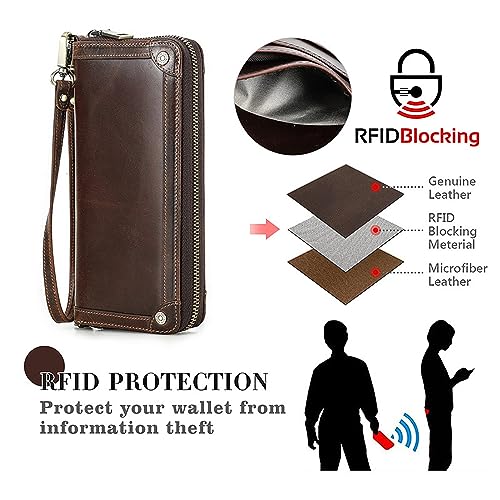 Image of Top Grain Genuine Oiled Leather Clutch Wallet for Man & Woman, Handmade Vintage Design, Multi Pockets & Slots & Detachable Wristlets, RFID Large Capacity for Cards /Checks /Money /Passport, Red Coffee