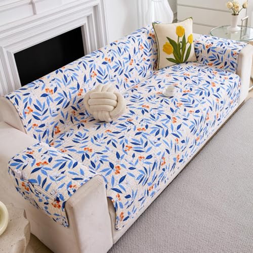 HOMETHREADS Premium Style Anti Slip Sofa Cover Set | Cotton Sofa Slipcover | 1Pc Front Cover with Attached Armrest + 1Pc Back Cover (White_Blue_Leaf, 1 Seater | 63x185cm)