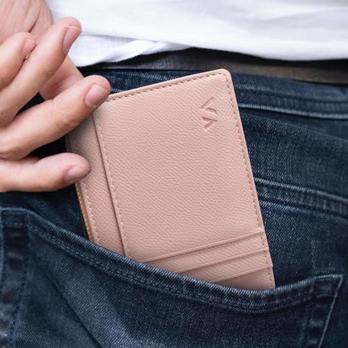Image of Valentoria Slim RFID Blocking Card Holder Small Pocket Wallet Keychian Zipper Coin Purse Mini Cash & Coin & Cards Case for Women Men, Pink, s, Slim Rfid Blocking Card Holder Small Pocket Wallet