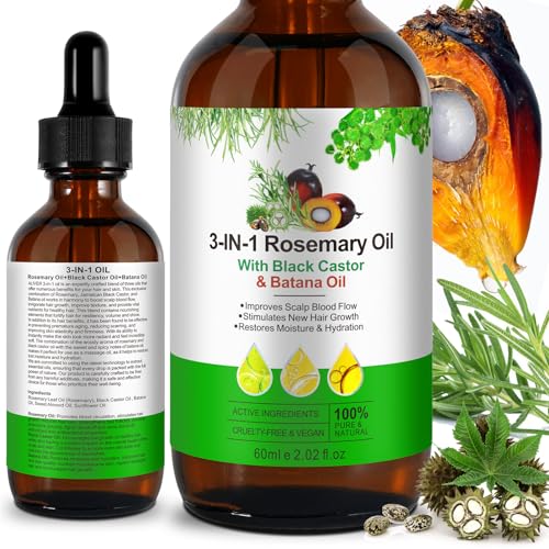 Aceite de Romero y Ricino y Batana 60 ml, 3 en 1 Puro y Natural Aceite Pelo para Fortalece el Cabello, Aromaterapia, La Piel y la Crema Hidratante Facial