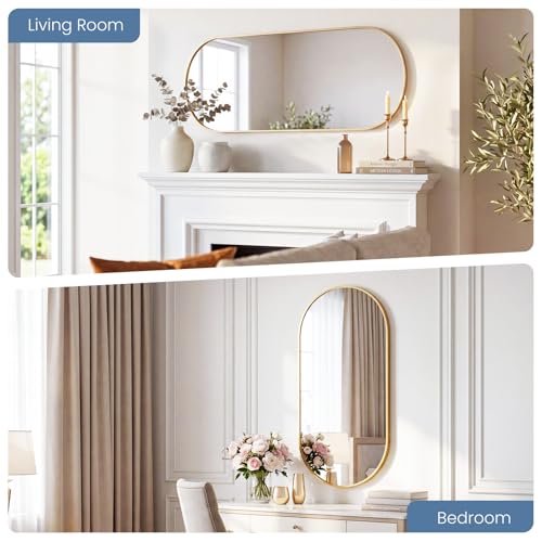 Image of Sweetcrispy 24 inch x 48 inch Gold Bathroom Mirror for Wall, Oval Wall Mirror with Metal Frame, Tempered Glass, Modern Vanity Mirror for Over Sink, Living Room, Bedroom, Entryway, Horizontal or Vertical