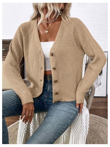 Image of MakeMeChic Women's V Neck Button Down Long Sleeve Cardigan Sweater Drop Shoulder Ribbed Knit Outerwear Brown Small