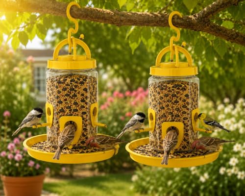 Image of Hanging Bird Feeder for Garden & Balcony, 1 Litre Weatherproof Bird Food Dispenser with 4 Feeding Ports, 360 Perch Feeding Station for Outdoor & Indoor Use (Yellow) Pack of 2