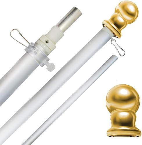 Mástil de bandera giratorio de 6 pies, asta de bandera plateada y adorno dorado, para colgar en la pared al aire libre, sin enredos, edición