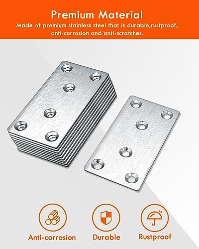Gorffy 10 Stück Flachverbinder, 80 × 40 × 1.75mm Lochplatte Holzverbinder, Flachverbinder Edelstahl, Flachwinkel für Verbinder, Edelstahl Silber Verbindungsplatte
