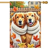 BlissYard Fall Golden Retriever Garden Flag 28 x 40 Inch Double Sided House Flag with Two Dogs in Scarf Autumn Leaves Backyard Outdoor Decor for Porch or Lawn