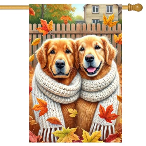 BlissYard Fall Golden Retriever Garden Flag 28 x 40 Inch Double Sided House Flag with Two Dogs in Scarf Autumn Leaves Backyard Outdoor Decor for Porch or Lawn