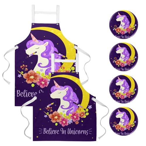 Tablier de serveuse original motif licorne magique fleur de lune avec 4 broches