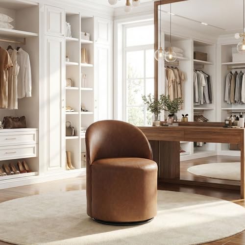 Image of HNY Upholstered Kitchen & Dining Room Barrel Chair, Mid Century Modern Round Leather Dining Chair, 360 Degree Swivel Comfy Armless Accent Makeup Vanity Side Chair for Bedroom Living Room, Brown