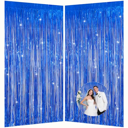 Image of Navy Blue Foil Fringe Backdrop for Party Wall Decorations, Streamer Birthday Photoshoot Background - 3.28 x 6.56ft Tinsel Curtains for Doorway, Baby Shower & Wedding