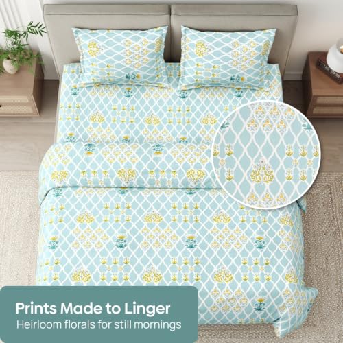 Image of Haus & Kinder Double Bed Bedsheet for Queen Size Bed, Queen Size Bed Sheet with 2 Pillow Covers 90 Inch x 100 Inch | Premium Soft & Silky Pure Cotton 186 TC Double Bedsheet | Heritage Blue