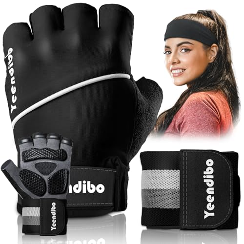 Guantes de entrenamiento 5 en 1 para hombres y mujeres, con excelente agarre, protección completa, guantes de gimnasio, correa de muñeca desmontable y bolsa de malla (negro y gris con diadema,