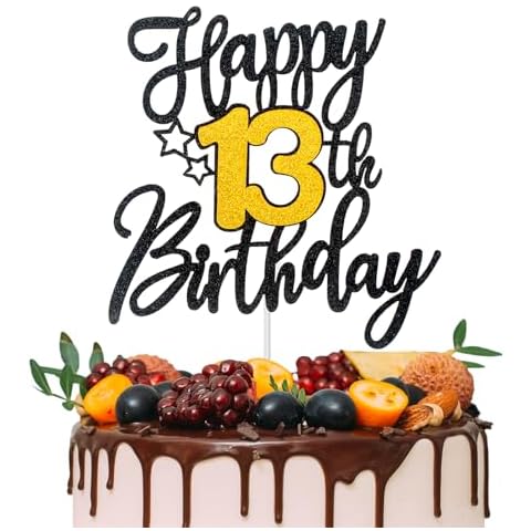 Happy 13th Birthday Cake Topper - Black Gold Glitter Cake Topper Versatile Charm for 13 Years Old Birthday Celebration, Cake Decorations Supplies for Happy 13th Birthday Anniversary Cover