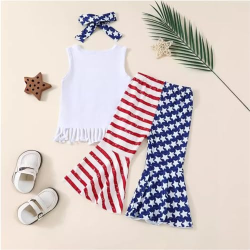 RNTOP Toddler Baby Girl 4th of July Outfit Tassels Sleeveless Tank Tops Bell-Bottom Flared Pants (White, 5-6 Years)