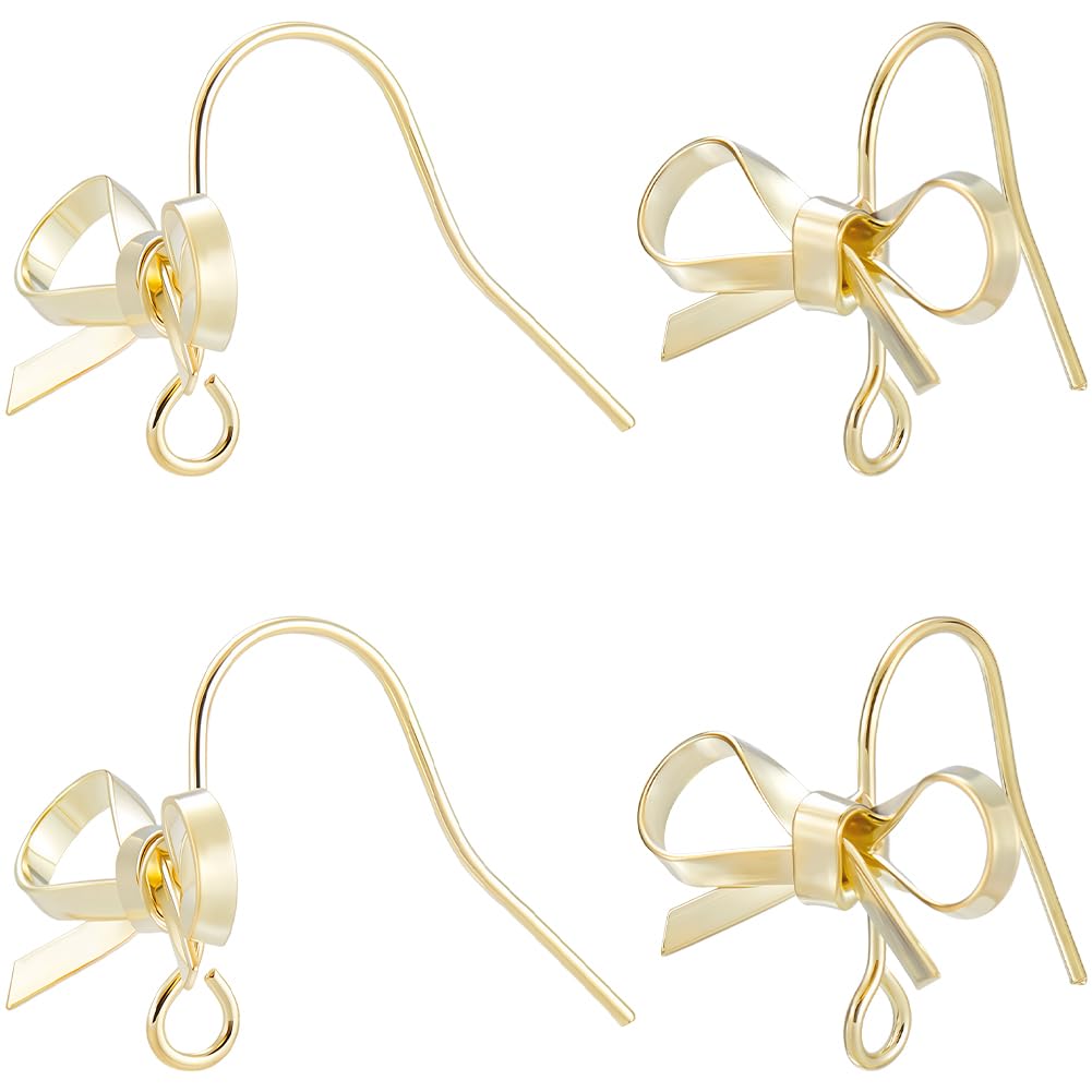 Beebeecraft 1 Box 20Pcs Bowknot Earring Hooks 14K Gold Plated Brass Bow Tie Earring Findings Fish Hook Ear Wires with 925 Sterling Silver Pin for Jewellery Making Diy Ear Craft Accessories Supplies