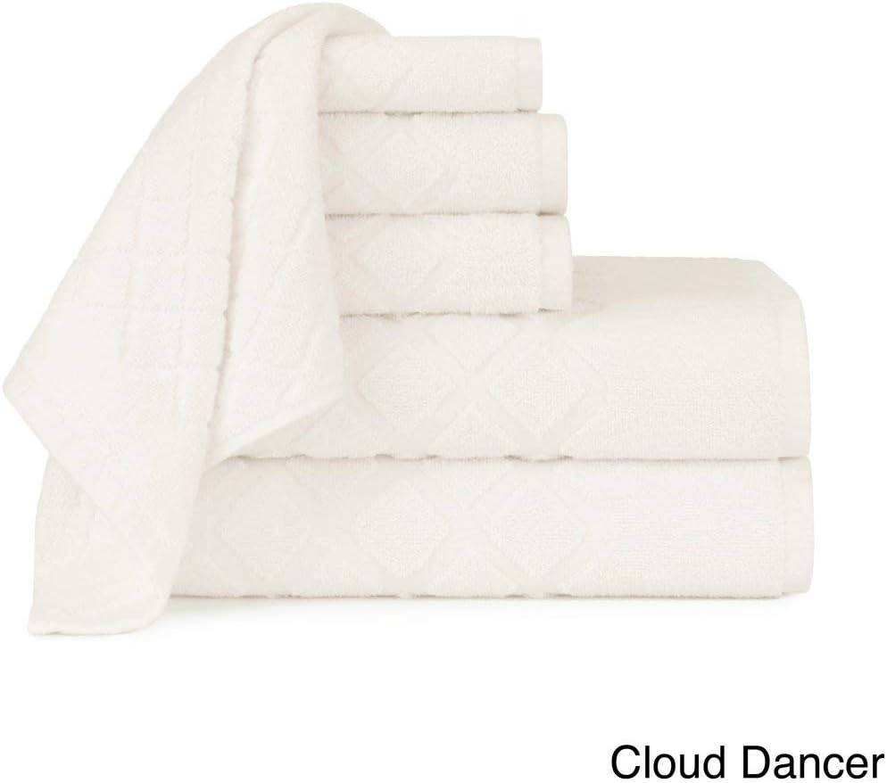 UK4 6 Piece Ivory Jacquard Towel Set, White Diamond Pattern Theme Solid Colored Textured Bath Towels Sleek Trendy Modern Bathroom Shower Hand Washcloth Shower Bathtub, Cotton