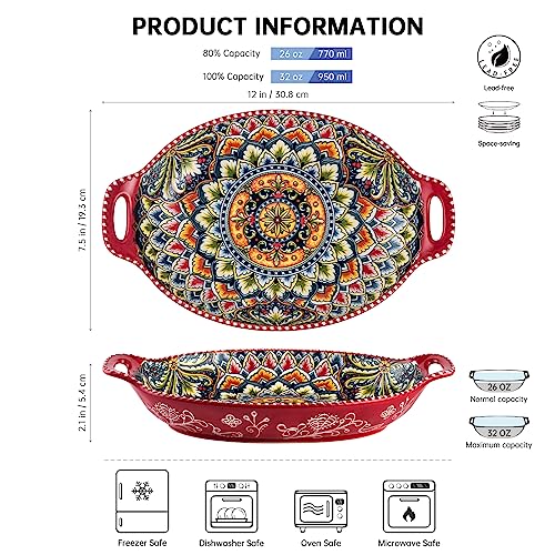 Salad Bowl Set of 4, Porcelain Large Pasta Bowl/Fruit Bowls with Handles - 32 OZ, Vibrant Colour Large Boho Bowls Serving Dishes for Entertaining/Party/Christmas