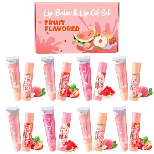 Set de cuidado labial, 8 brillos de labios + 8 bálsamos labiales, set de bálsamo labial y brillo de labios afrutado para labios secos y agrietados, cuidado labial. Pequeños regalos para mujeres, niñas