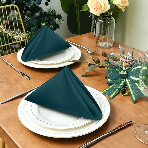 Image of Ruvanti Cloth Napkins Set of 12, 18x18 Inches Napkins Cloth Washable, Soft, Durable, Absorbent, Cotton Blend. Table Dinner Napkins Cloth for Thanksgiving, Halloween Dinners Parties - Deep Teal