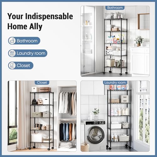 Image of DUMOS 5-Tier Metal Storage Shelves, Shelving Unit, Storage Rack, 23.2 inch W | 59 inchH, Lockable Wheels, Wire Adjustable Standing, Heavy Duty Steel Organizers, Kitchen Bathroom Pantry Garage Office