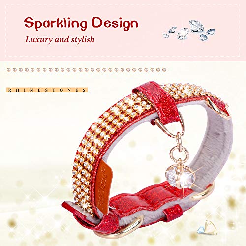 Image of Cat Collar, Dog Collar, [Bling Rhinestones] Premium PU Leather with Pendant Adjustable Collars for Cat and Small Dog Extra Small Red