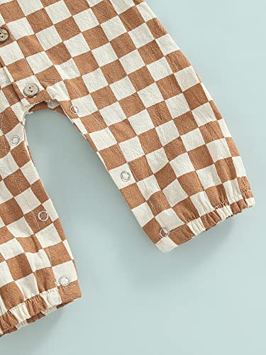 Baby Girl Boy Sleeveless Jumpsuit Button-Down Checkboard Plaid One-Piece Romper Playsuit Pants Summer Outfit (Brown, 18-24 Months) #TOP5