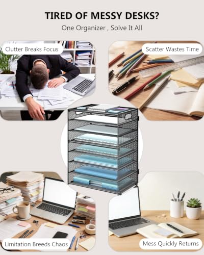Image of WALI Desk File Organizer, 8 Tier Desktop Paper Letter Tray Organizer with Handle, Office Desk Accessories & Workspace Organizers for Office, Home, School Supplies, 1 Pack, Black