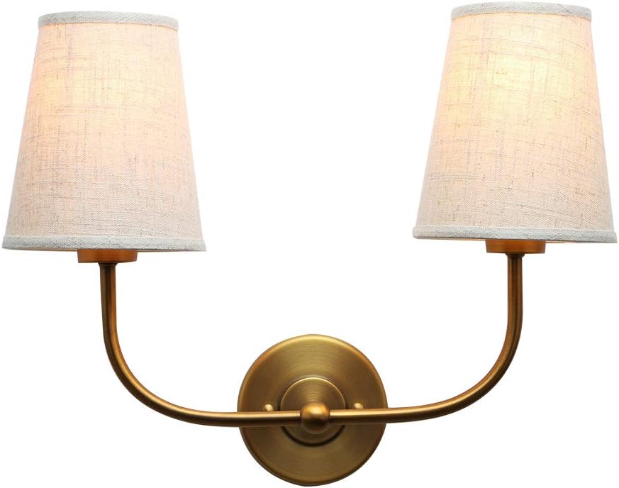 PERMO Vintage Double Sconce Antique 2-Lights with Flared Funnel Linen Beige Fabric Shade