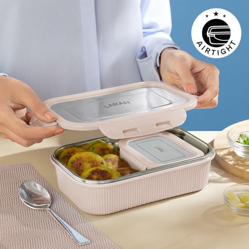 Image of Larah by BOROSIL Freshbyte Stainless Steel Lunch Box | 800 ml + 200 ml Rectangle Container Set | Airtight, Dishwasher Safe Tiffin | Portable Kids Tiffin | 1 Year Warranty (Beige)
