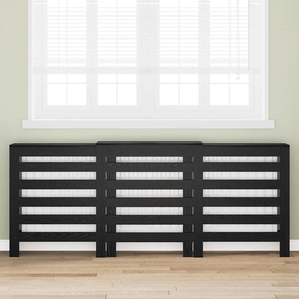 Heizkörperabdeckung Schwarz Eichen-Optik aus Holzwerkstoff 205 x 21,5 x 83,5 cm, mit Regalfach und vertikalen Latten für effizienten Wärmefluss im Wohnzimmer