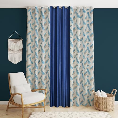 Image of DEVSANG Polyester (2 Print and 1 Solid) Grommet Curtains for Window 6 Feet Long Set of 3, Blue