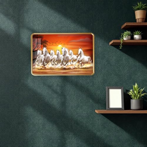 Image of 7 Running Horses Photo Frame, Ultra High Gloss Lamination, Vastu Painting for Living Room, Office, 12x18 Inch (Design 1)