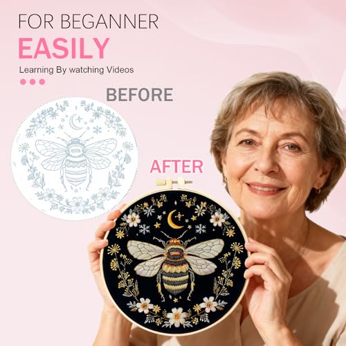 Image of Huacan Embroidery Kit for Beginners Adults Includes Stamped Pattern, Hoop, Color Threads,Tools,Easy to Follow Instruction (Dragonfly)