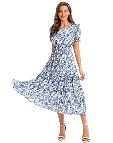 Image of Shineflow Women's Summer Casual Crewneck Floral Print Puff Short Sleeve High Waist Midi Flowy Tiered Dresses