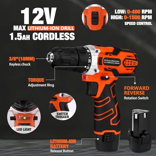 255-Piece Tool Set - Tool Kit with 12V Cordless Drill Driver, Toolbox Storage Case with Drawer, General Household Drill Set for DIY Projects, Home Repairs, Handyman - Image 5