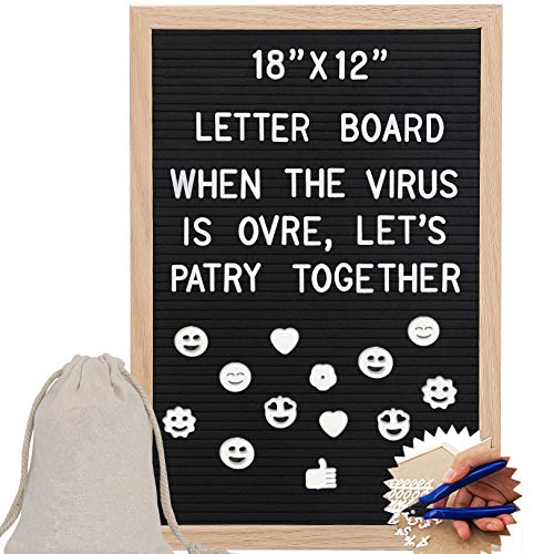 Letter Board - 12'' x 18'' Black Felt Letter Board with 470 Letters, Changeable Letter Board Oak Wood Frame with Mounting Hook and Canvas Bag VAG054