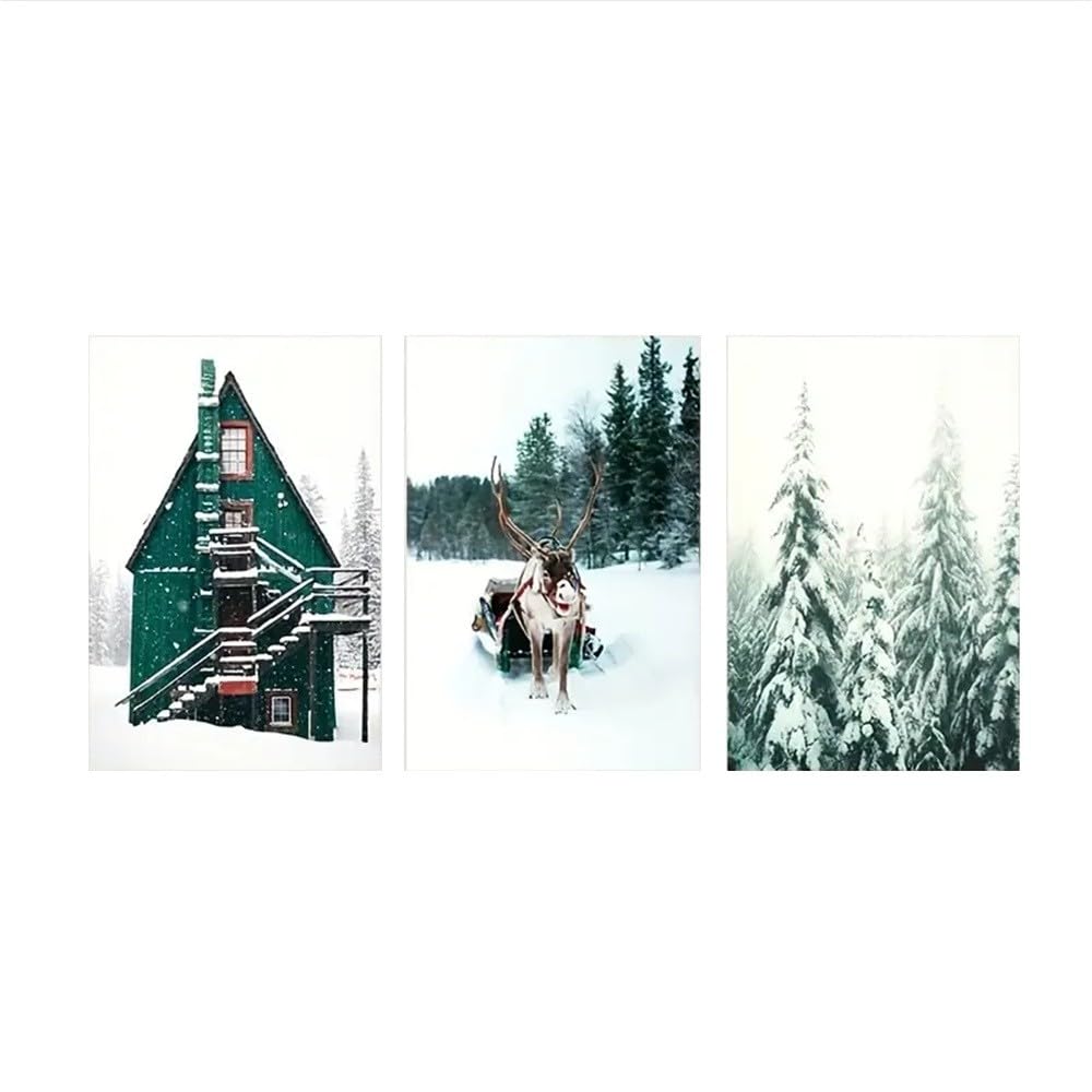 WBYZAC Art Prints-Canvas Poster Wall Art Winter Forest Canvas Painting Reindeer Snow Green Log Cabin Posters Prints for Bedroom Living Room Corridor Room Decoration-50 * 70cm*3PCS (No Frame)