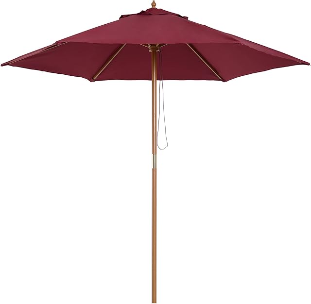 Outsunny 2.5m Wood Garden Parasol Sun Shade Patio Outdoor Wooden Umbrella Canopy Wine Red
