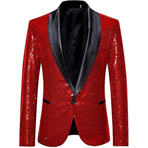 Leader of the Beauty Mens Shawl Lapel Sequin Prom Jacket One Button Casual Coat Slim Fit Suit Blazer Wedding Prom Tuxedo 48 chest/42waist Red Cover