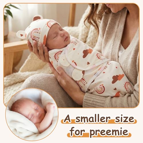 Image of Ramede 6-Pack Preemie Baby Swaddle Blankets with Hats, Breathable 100% Cotton Baby Swaddles, Suitable for Preemie Babies and Newborns, Soft Cotton, Adjustable(Boho,Khaki)