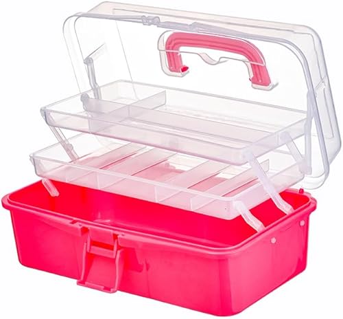Miniatura 1 de BangQiao Bandejas de 2 niveles, caja organizadora de contenedores de almacenamiento de plástico rojo rosa transparente, estuche de transporte