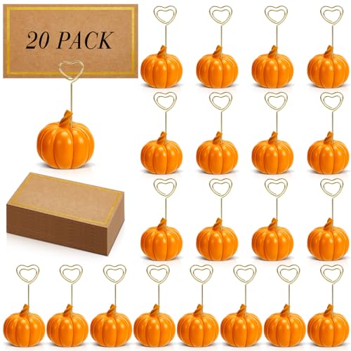 Qeeenar 40 Pcs Thanksgiving Pumpkin Decorations Pumpkin Place Card Holders with Fall Cards for Table Setting Wedding Table Decor Mini Pumpkins Tables Number Holder (Orange)