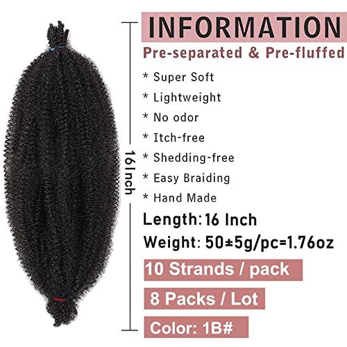 16 Inch Pre-Separated Springy Afro Twist Hair 8 Packs Spring Twist Hair For Distressed Soft Locs Natural Black Marley Twist Crochet Braiding Hair Synthetic Hair Extensions (10 Strands/Pack,1B#) #TOP1