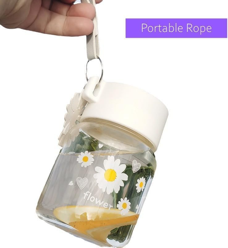 Image of Frosted Glass Water Bottle with Lid 300ml Portable Rope, Small Coffee Mug Cute Juice Jar Flower Tea Drinking Cup for Office, Summer, Home Outdoor, traveling BPA Free, Easy to carry (1)