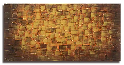 MyArton Textured Abstract Squares Canvas Wall Art Hand Painted Modern Golden Yellow Oil Painting for Decoration Ready to Hang 48x24inch