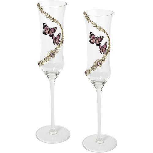 2 Pack 3d Butterfly Wine Champagne Glasses, 4.4 OZ Butterfly Glass Cup Set Wine Cocktails Glassware for Home Wedding Party (butterfly-a)