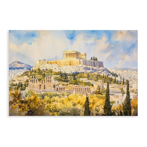 HKXAG Athens Watercolor Poster Landscape Wall Art Athens Wall Hanging Home Décor Gift Art Lovers Greece Canvas Poster Bedroom Decor Room Unframe 20x30inch