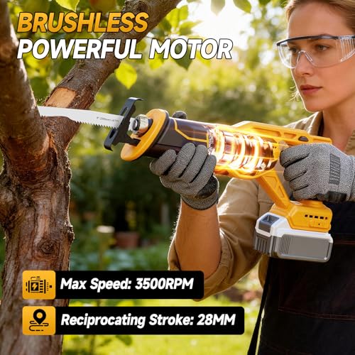 CAMXTOOL Cordless Reciprocating Saw for Dewalt 20V Max Battery, Brushless Sawzall Electric Recip Saw with 8 Blades, 0-3500 RPM Speed, for Wood/Metal/PVC Cutting, No Battery - Thumbnail 2