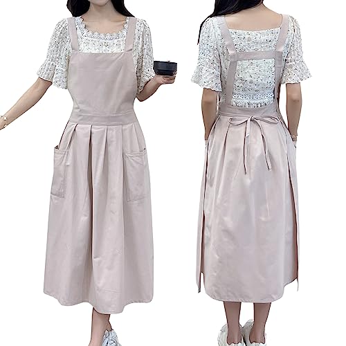 Talibsa Pinafore Apron Dress，Japanese Cotton Linen Cross Back Apron For Women With Pockets，Pinafore Dress With Waist Ties (Beige) #TOP7